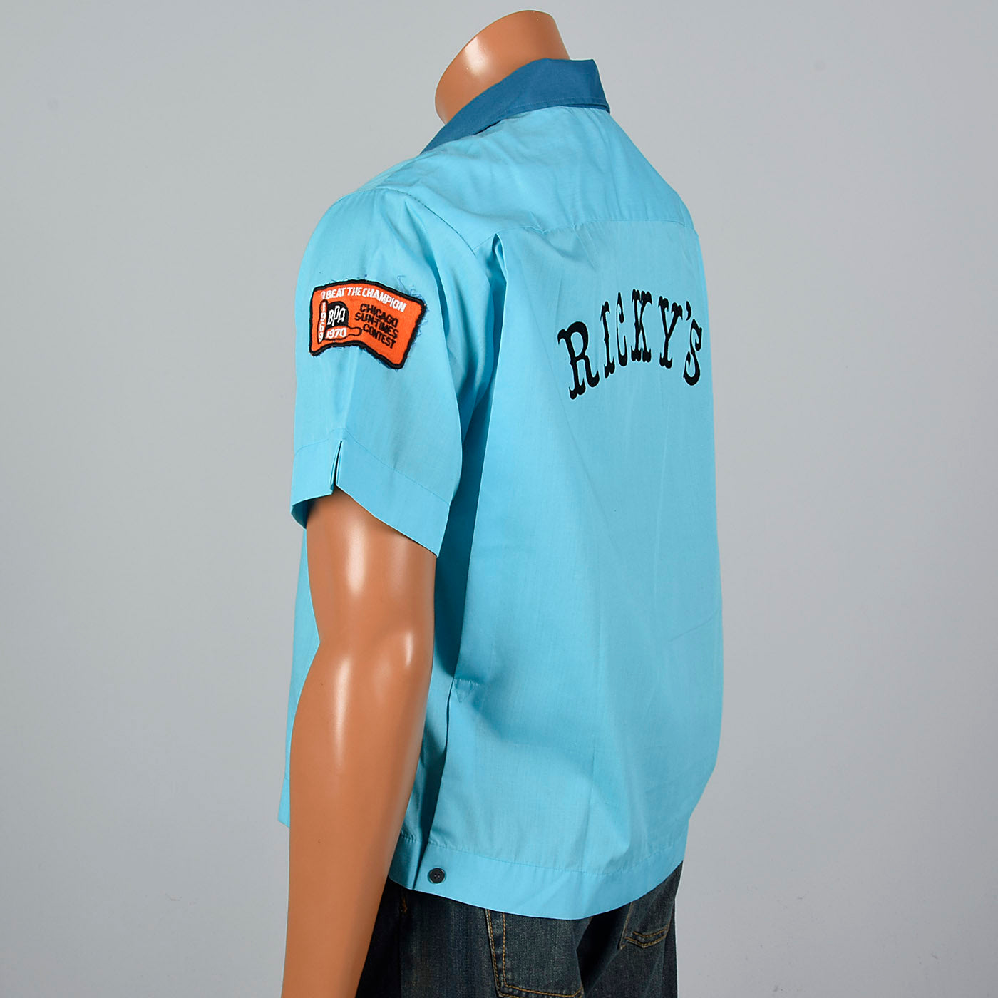 1960s Teal Blue Bowling Shirt with Chicago Sun Times Patch