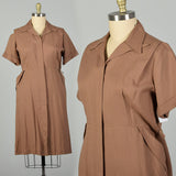3XL 1950s Brown Day Dress Zip Front Short Sleeve Casual Volup
