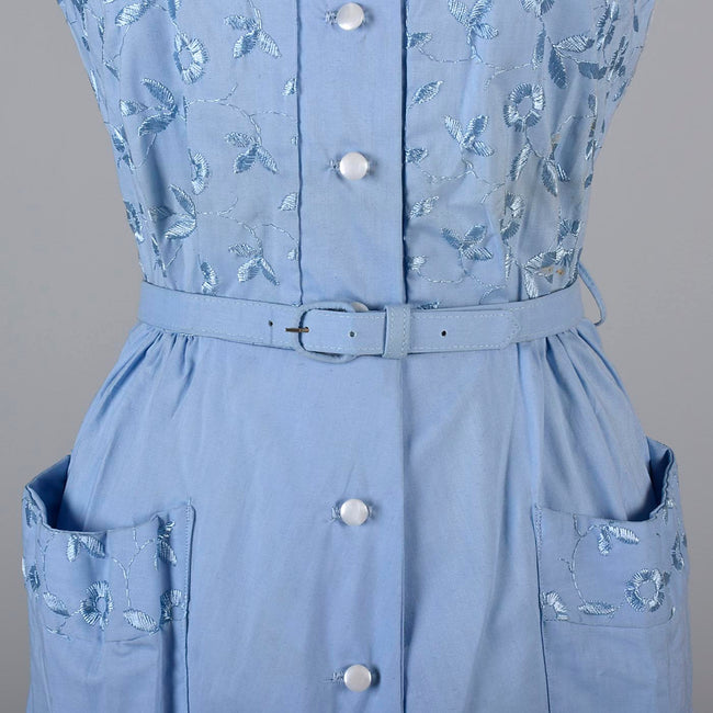 1950s Blue Day Dress with Floral Embroidery