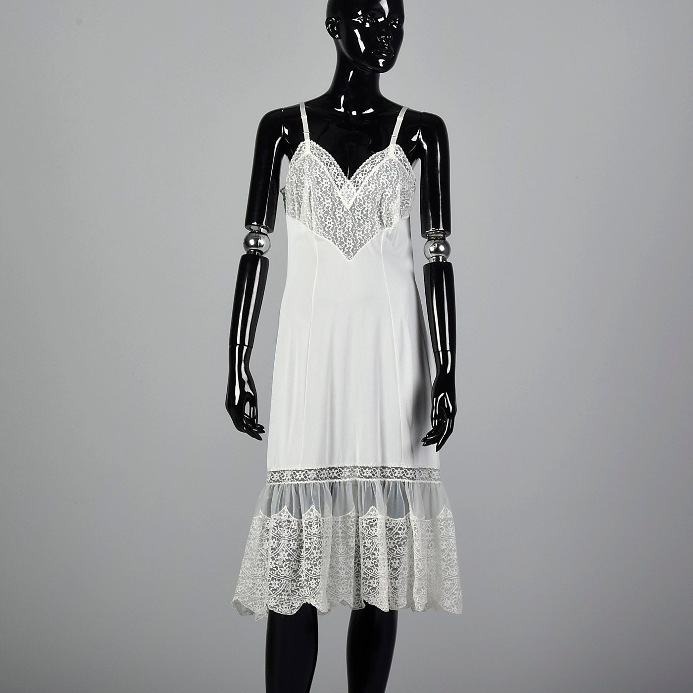 1950s Lace Trim White Nylon Slip with Adjustable Straps