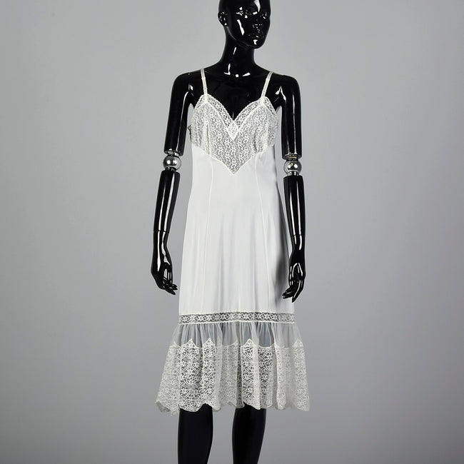 1950s Lace Trim White Nylon Slip with Adjustable Straps