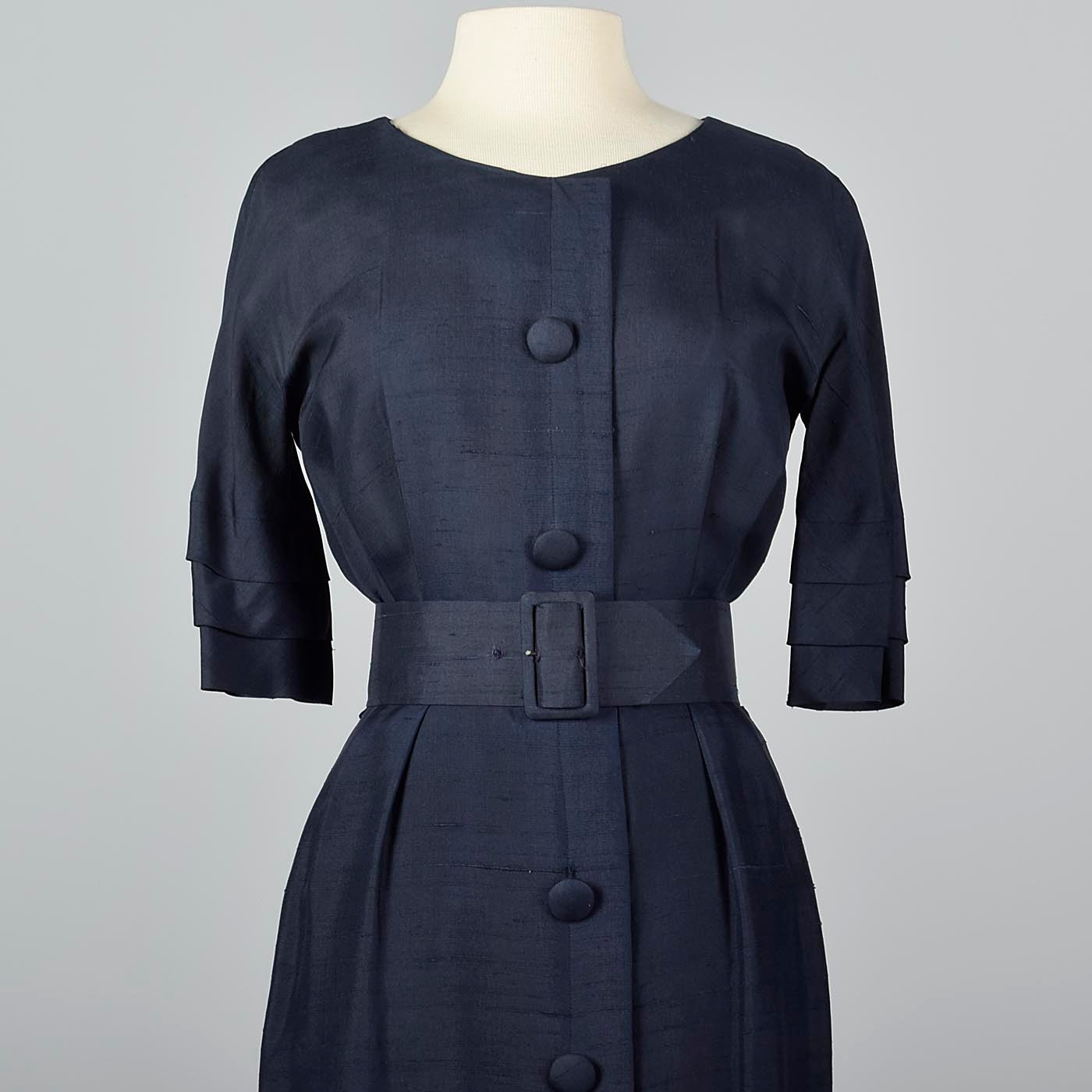 1950s Navy Silk Dress with Wide Belt and Decorative Buttons