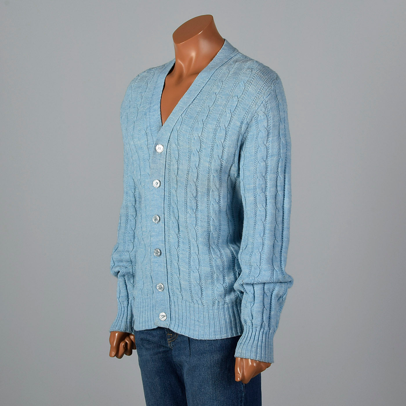 1960s Mens Baby Blue Cable Knit Cardigan
