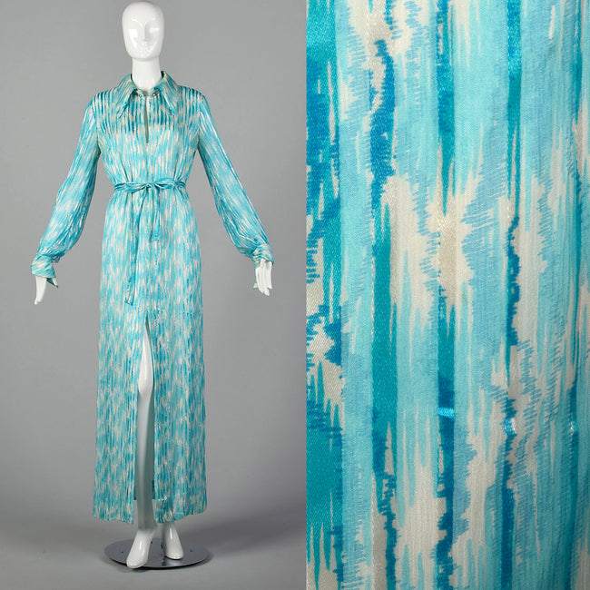 Medium 1970s Pauline Trigère Blue Silk Chiffon Maxi Dress