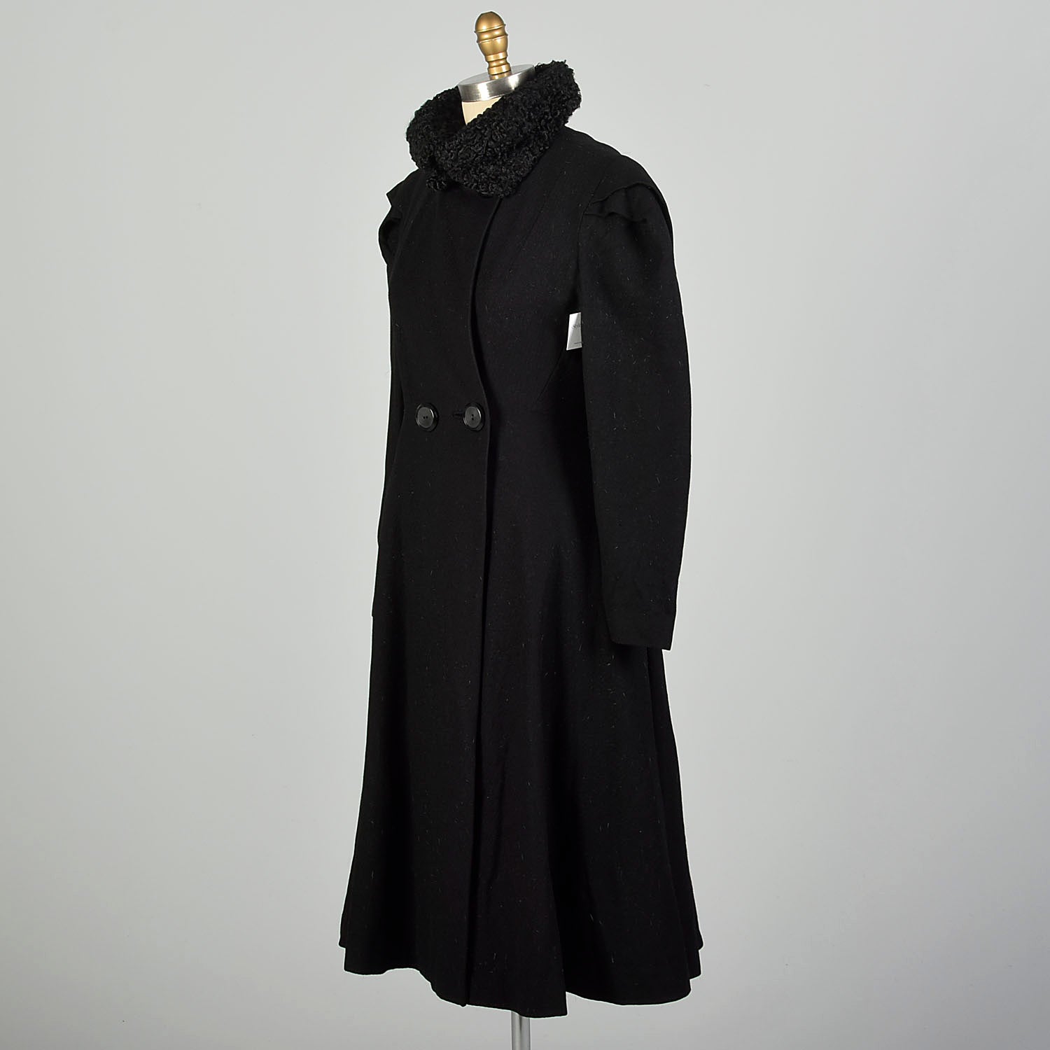 Small 1940s Princess Coat Persian Lamb Convertible Collar Black Wool