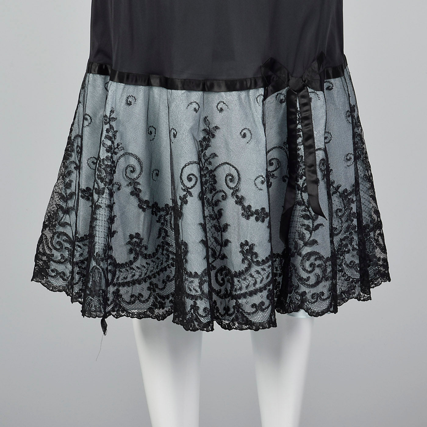 1950s Black Half Slip with Pale Blue Taffeta and Sheer Black Lace Hem