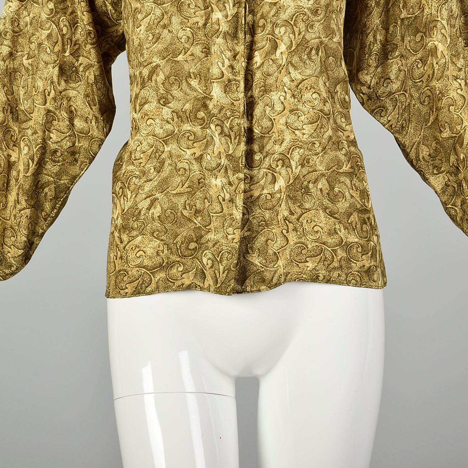 Medium 1980s St. John Blouse Green Gold Button-Up Silk Print Shirt