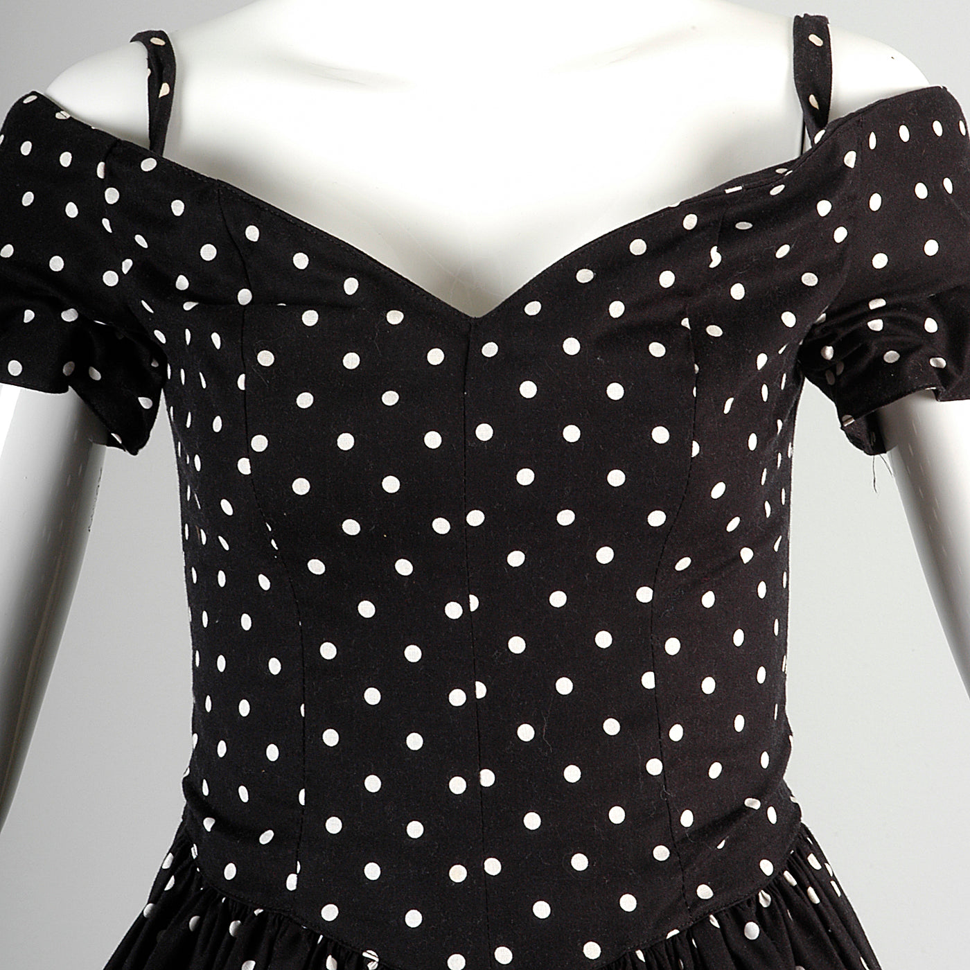 1980s I. Magnin Off Shoulder Party Dress in Black with White Polka Dots