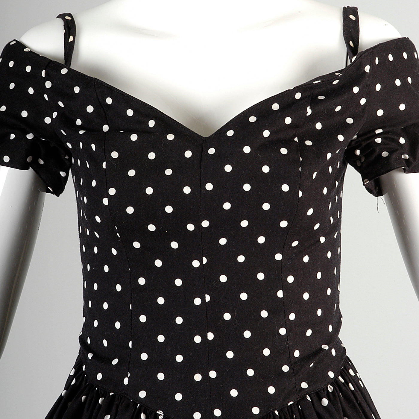 1980s I. Magnin Off Shoulder Party Dress in Black with White Polka Dot Style & Salvage 1980s I. Magnin Off Shoulder Party Dress in Black with White Polka Dot Style & Salvage