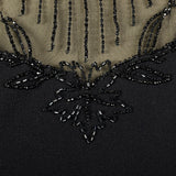 XL 1940s Little Black Dress Rayon Volup Beaded Illusion Neckline Evening Cocktail Gown LBD