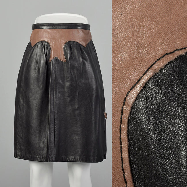 XXS 1990s Black Leather A-Line Skirt