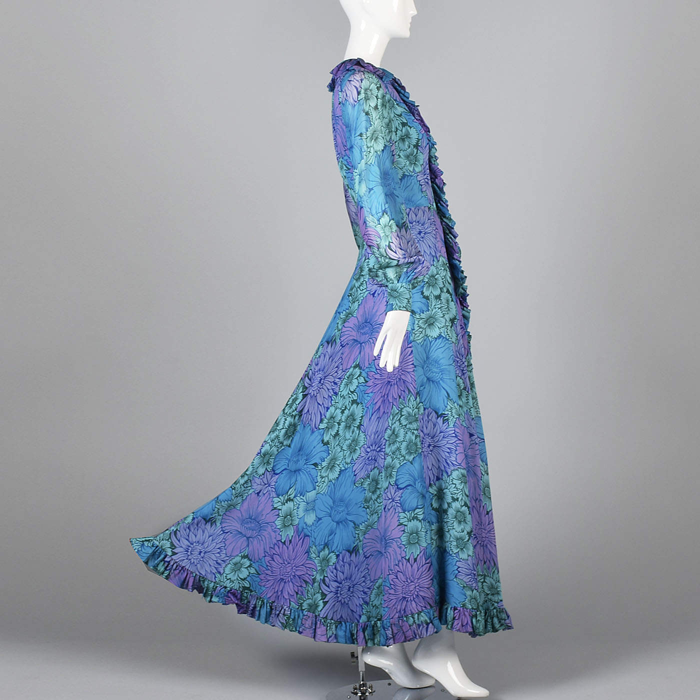 1960s La Mendola Silk Maxi Dress in a Blue Floral Signature Print