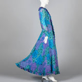 1960s La Mendola Silk Maxi Dress in a Blue Floral Signature Print