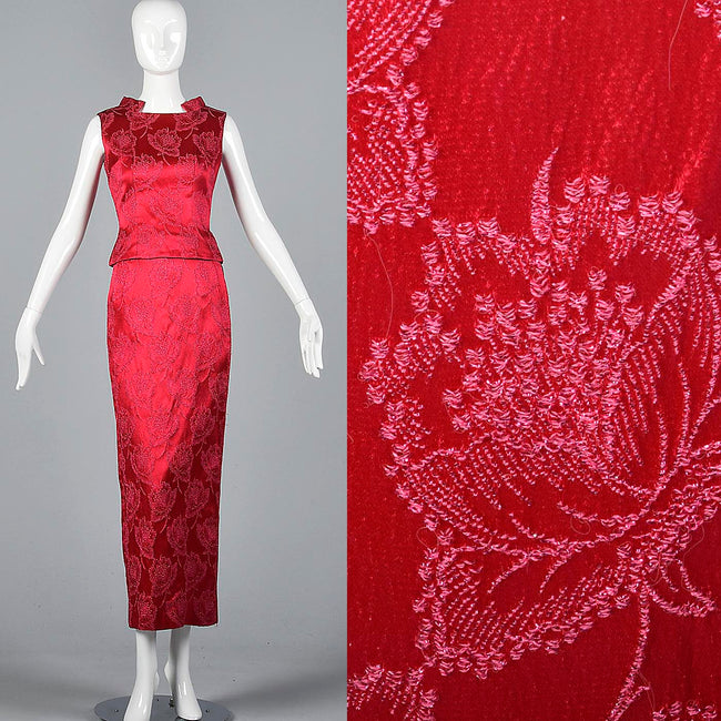 1960s Dark Pink Floral Top and Skirt Set