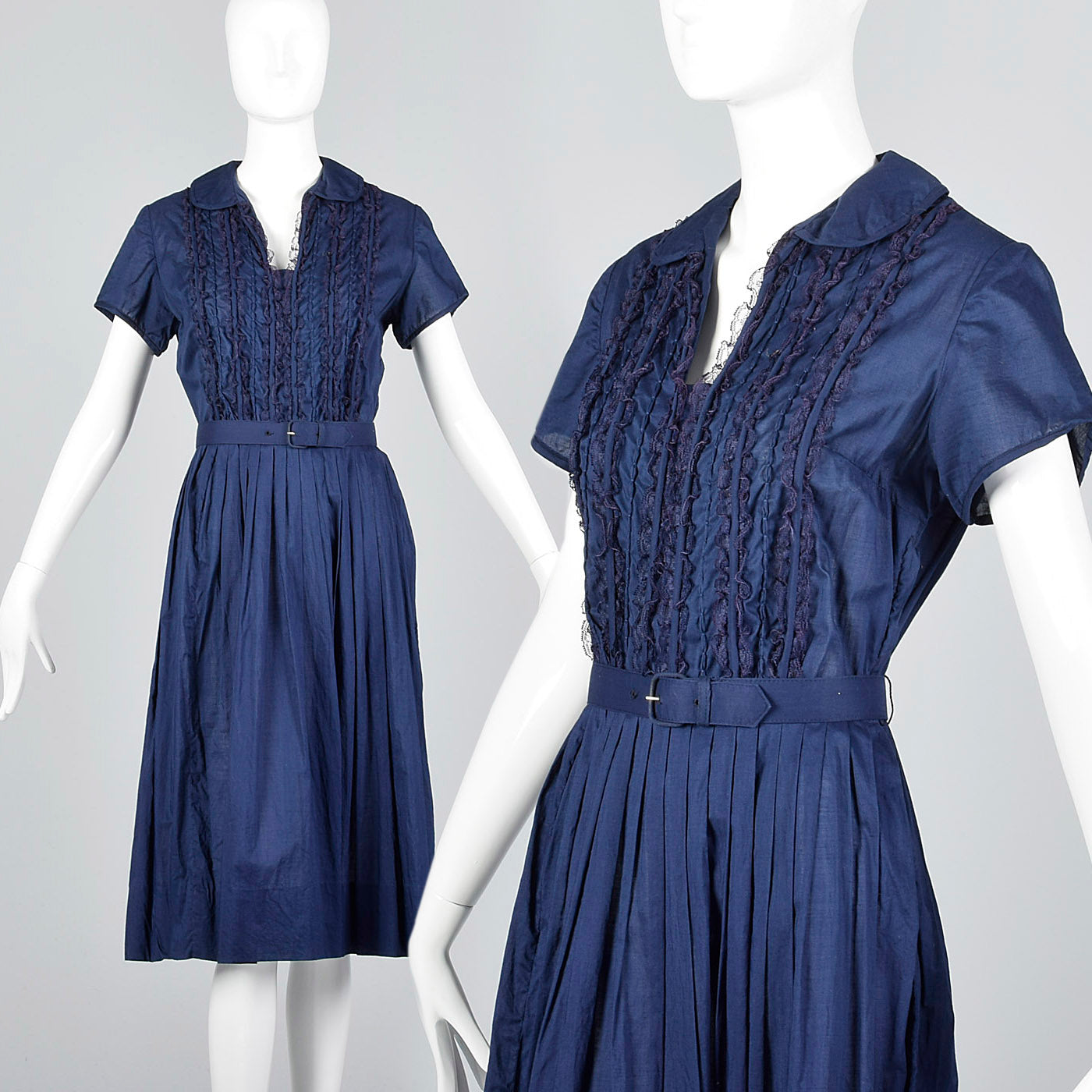 1950s Navy Cotton Day Dress with Ruffle Front