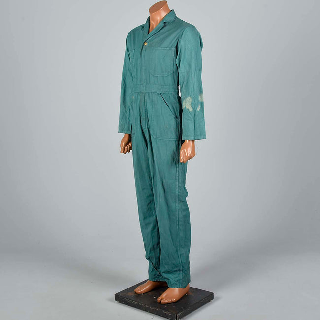 1940s Mens Green Herringbone Belted Workwear Coveralls