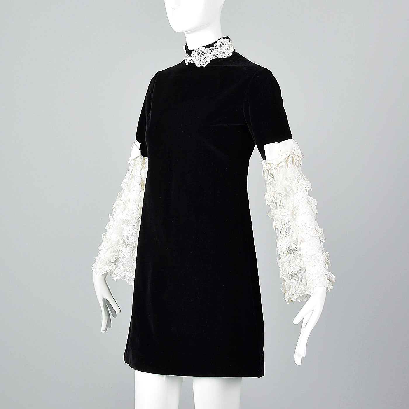 1960s Saks Fifth Avenue Black Velvet Dress with Lace Sleeves Style & Salvage 1960s Saks Fifth Avenue Black Velvet Dress with Lace Sleeves Style & Salvage