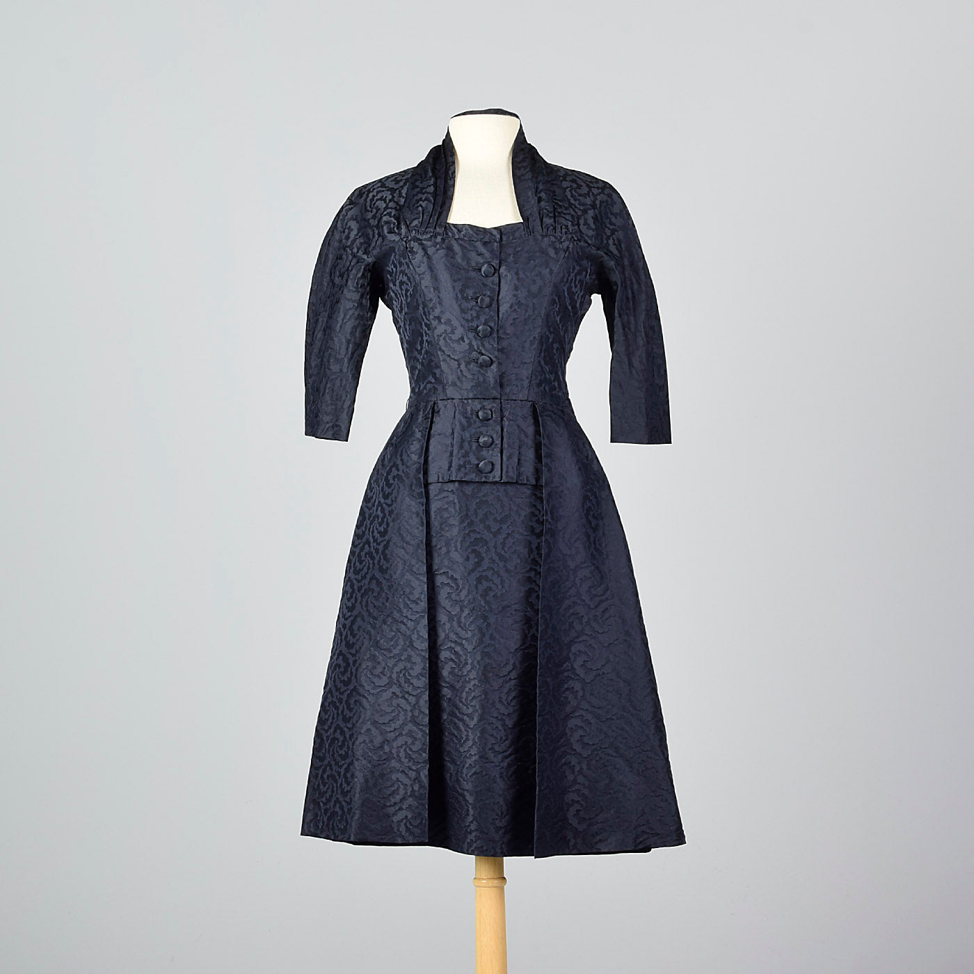 1950s Pierre Balmain Navy Blue Silk Damask Cocktail Dress