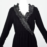 1970s Yves Saint Laurent Rive Gauche Black Velvet Dress with Ruffle Trim