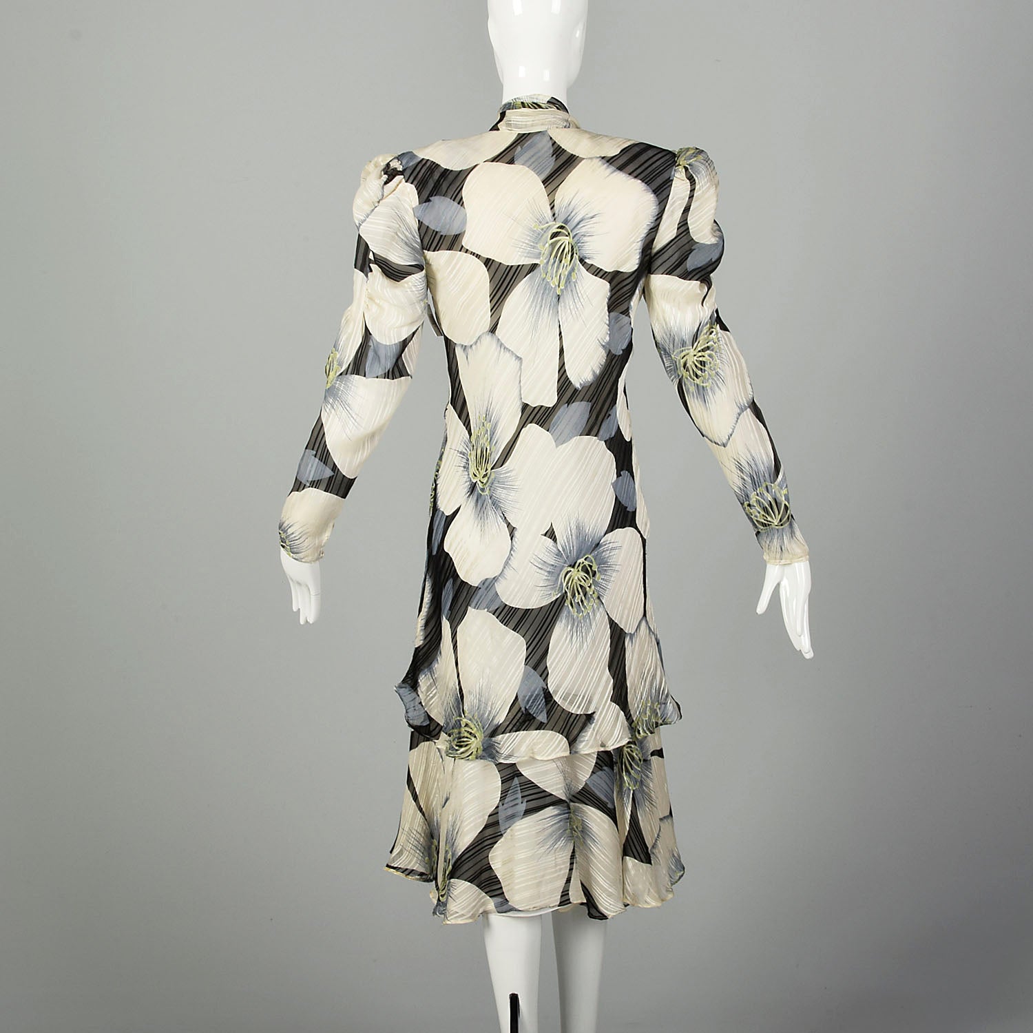 Medium 1980s Floral Print Dress Bias Cut Long Sleeve