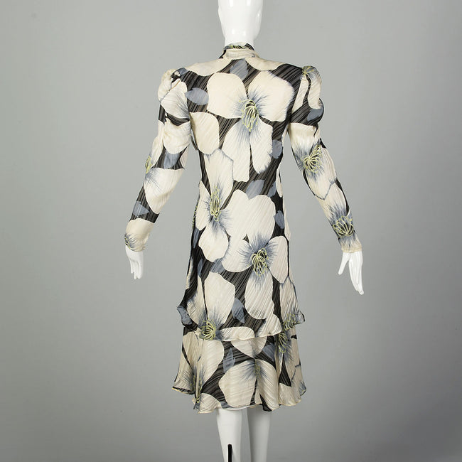 Medium 1980s Floral Print Dress Bias Cut Long Sleeve