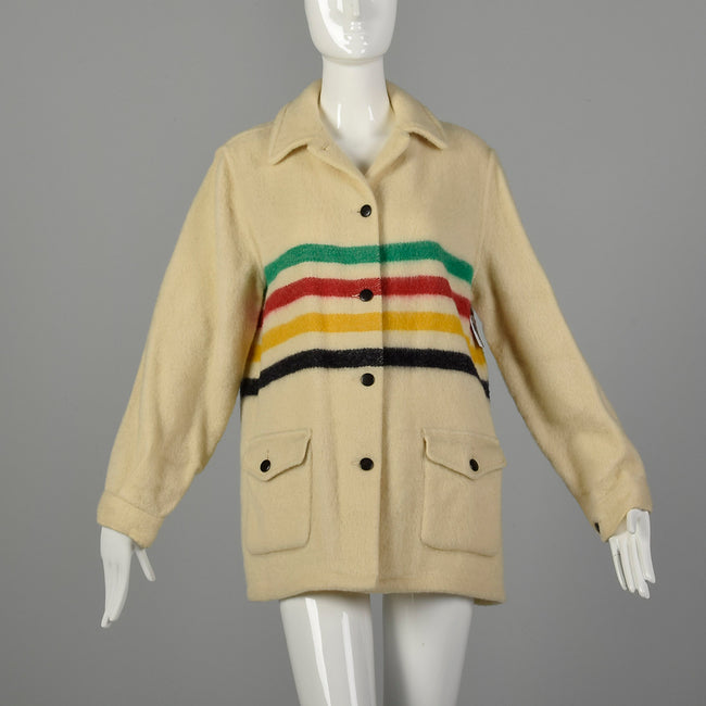Medium 1950s Hudson Bay Striped Wool Blanket Coat Cozy Autumn Outerwear