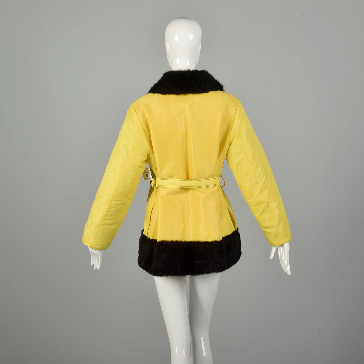 Medium 1970s Yellow Rain Coat Plush Lining Faux Fur Trim  Autumn Winter Jacket