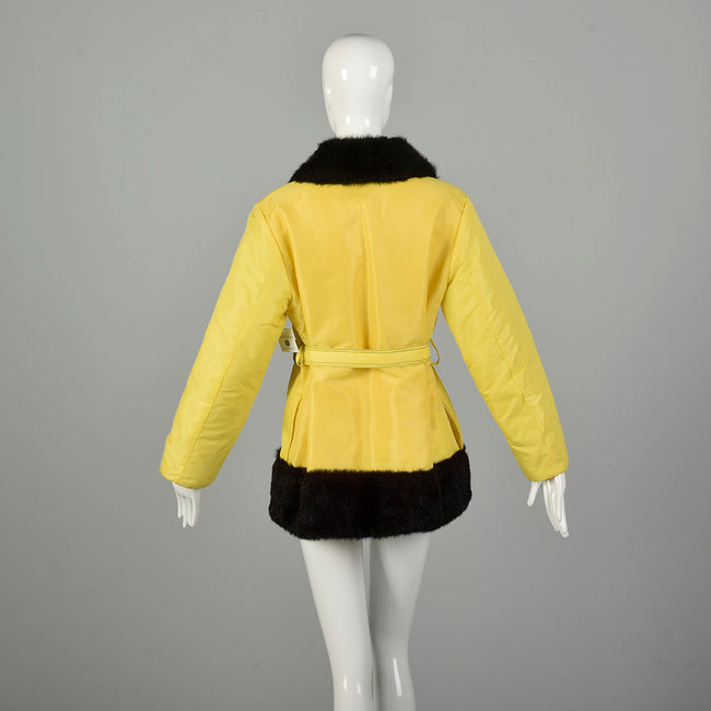 Medium 1970s Yellow Rain Coat Plush Lining Faux Fur Trim  Autumn Winter Jacket