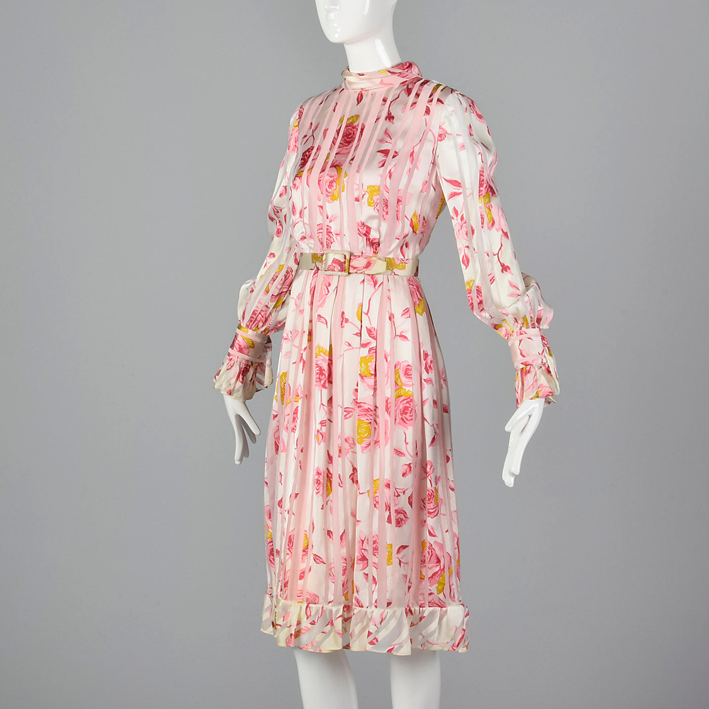 Medium 1970s Christian Dior Pink Floral Stripe Dress Long Sleeve