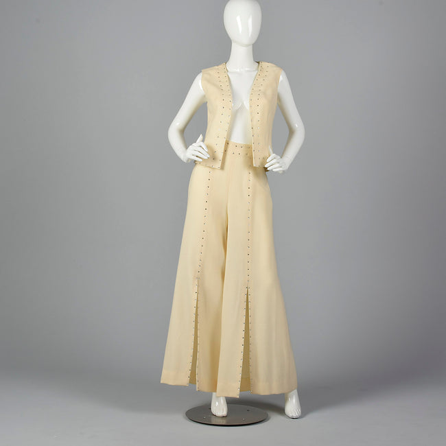 1970s Cream Wool Vest with Palazzo Pants
