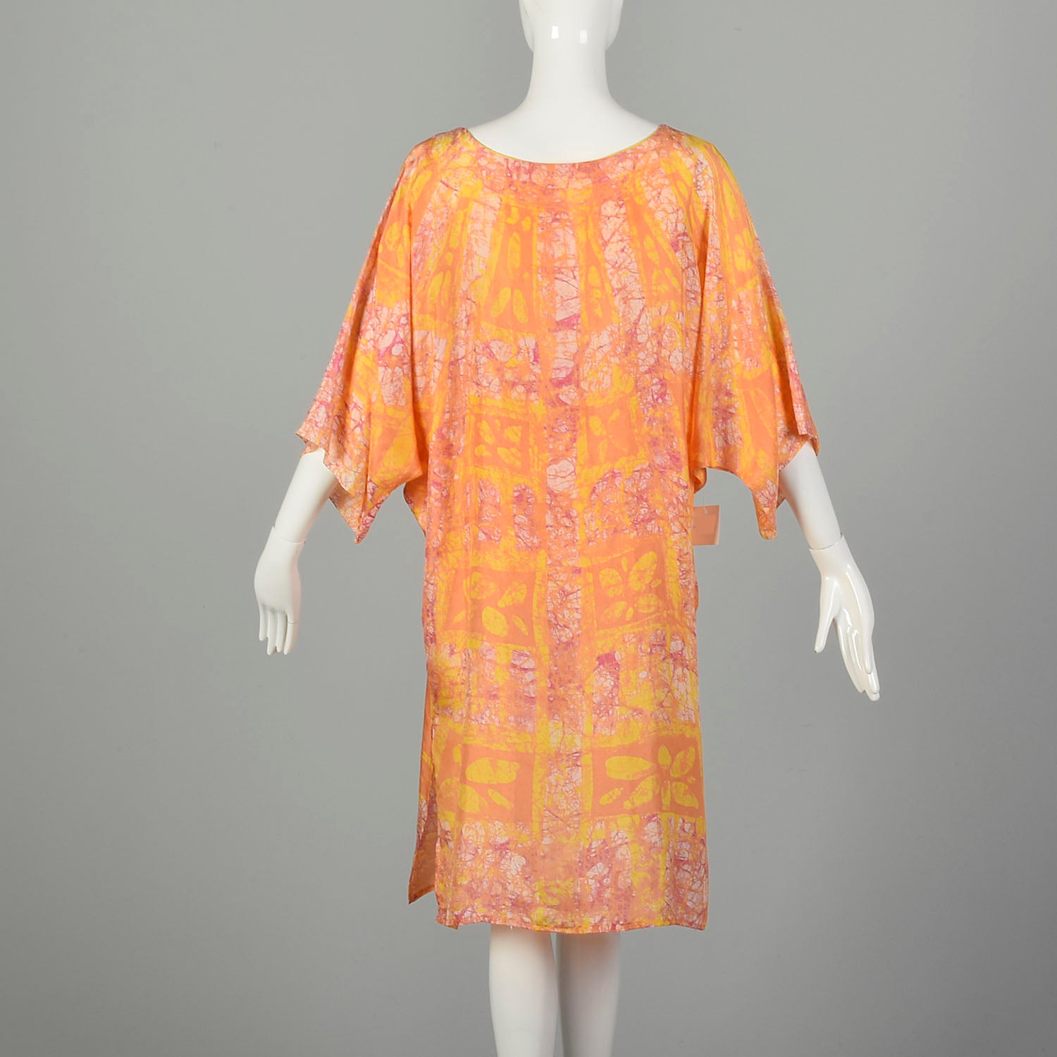 One Size 1970s Orange Yellow Abstract Batik Style Psychedelic Print Dress