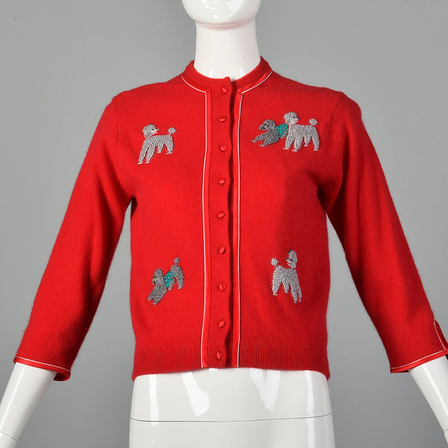 1950s Novelty Poodle Cardigan Sweater Lipstick Red with Satin Trim