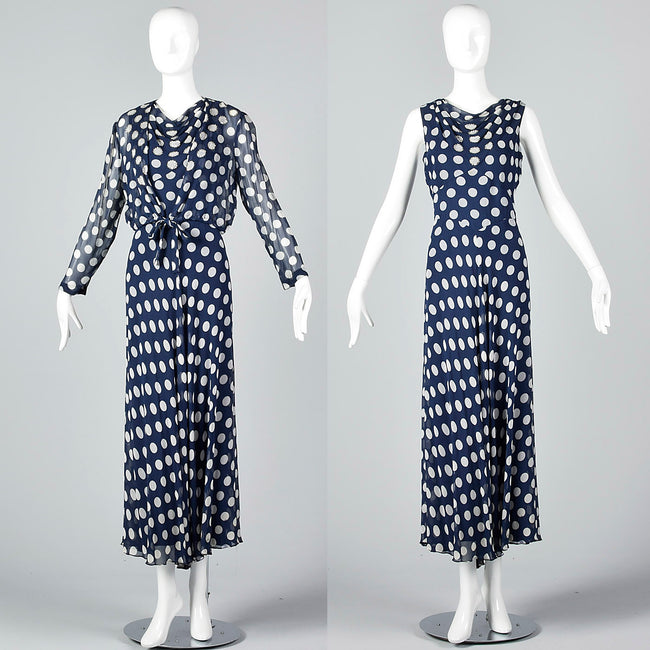 1970s Navy Dress with White Polka Dots