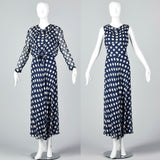 1970s Navy Dress with White Polka Dots