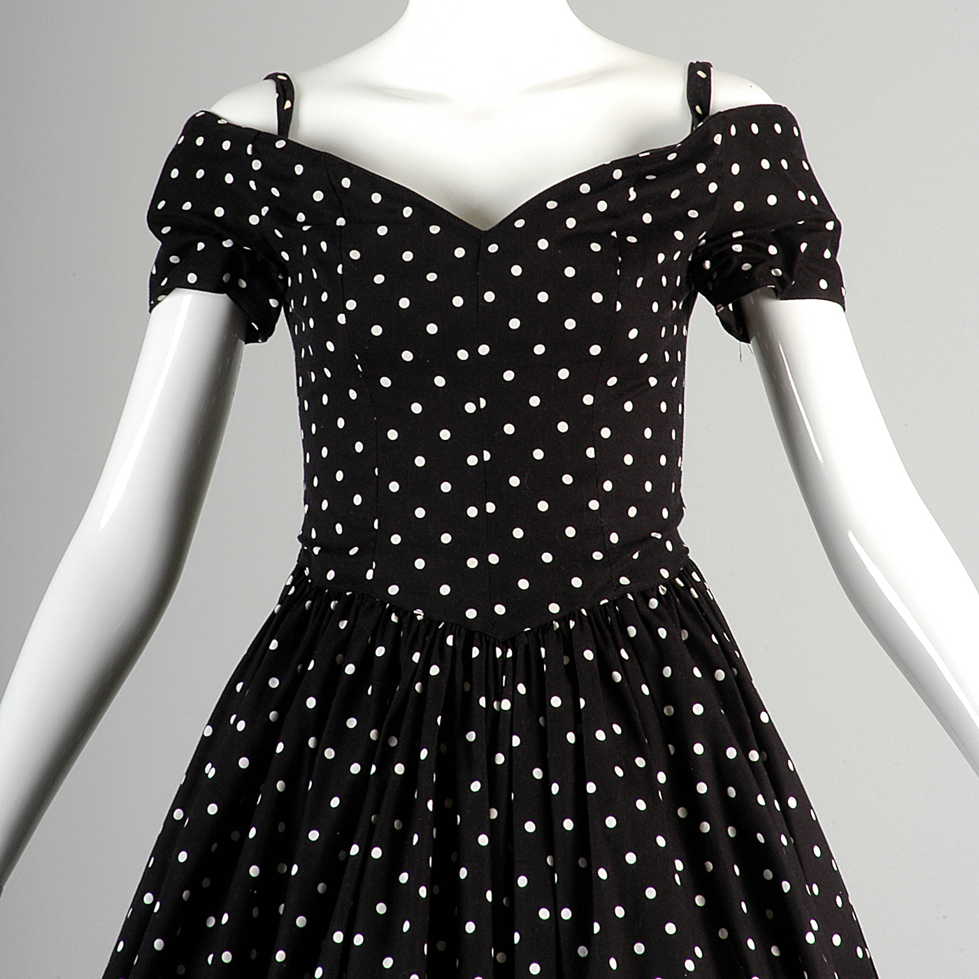 1980s I. Magnin Off Shoulder Party Dress in Black with White Polka Dots