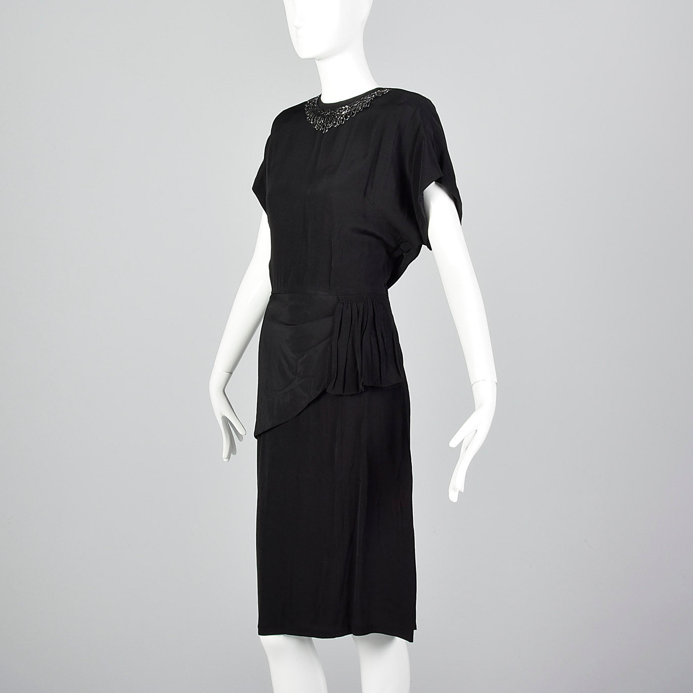 1940s Black Rayon Dress with Beaded Collar