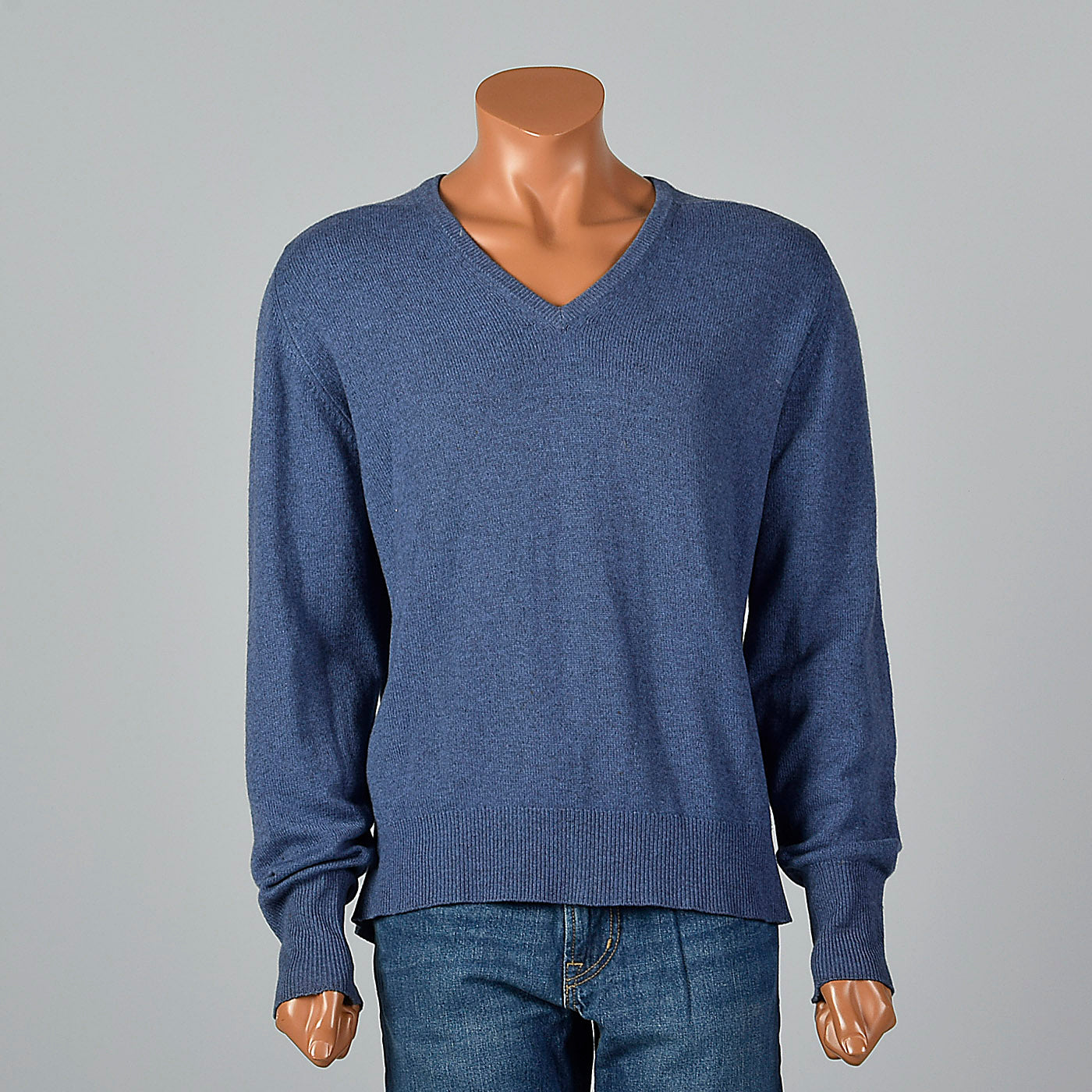 1970s Mens Blue Cashmere Sweater with V Neck