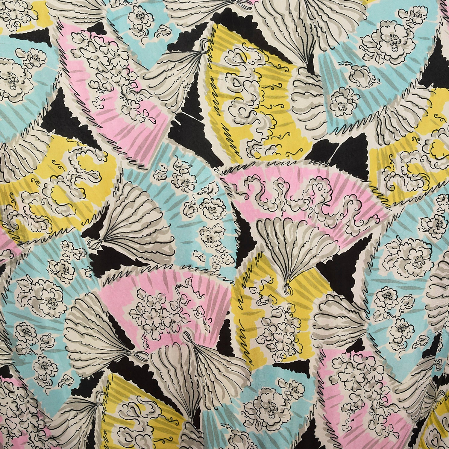 1940s Novelty Print Taffeta Evening Dress with Pastel Fans