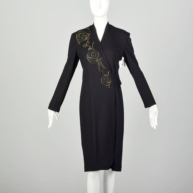 Medium Louis Feraud Wrap Dress 1990s Wool Black Long Sleeve