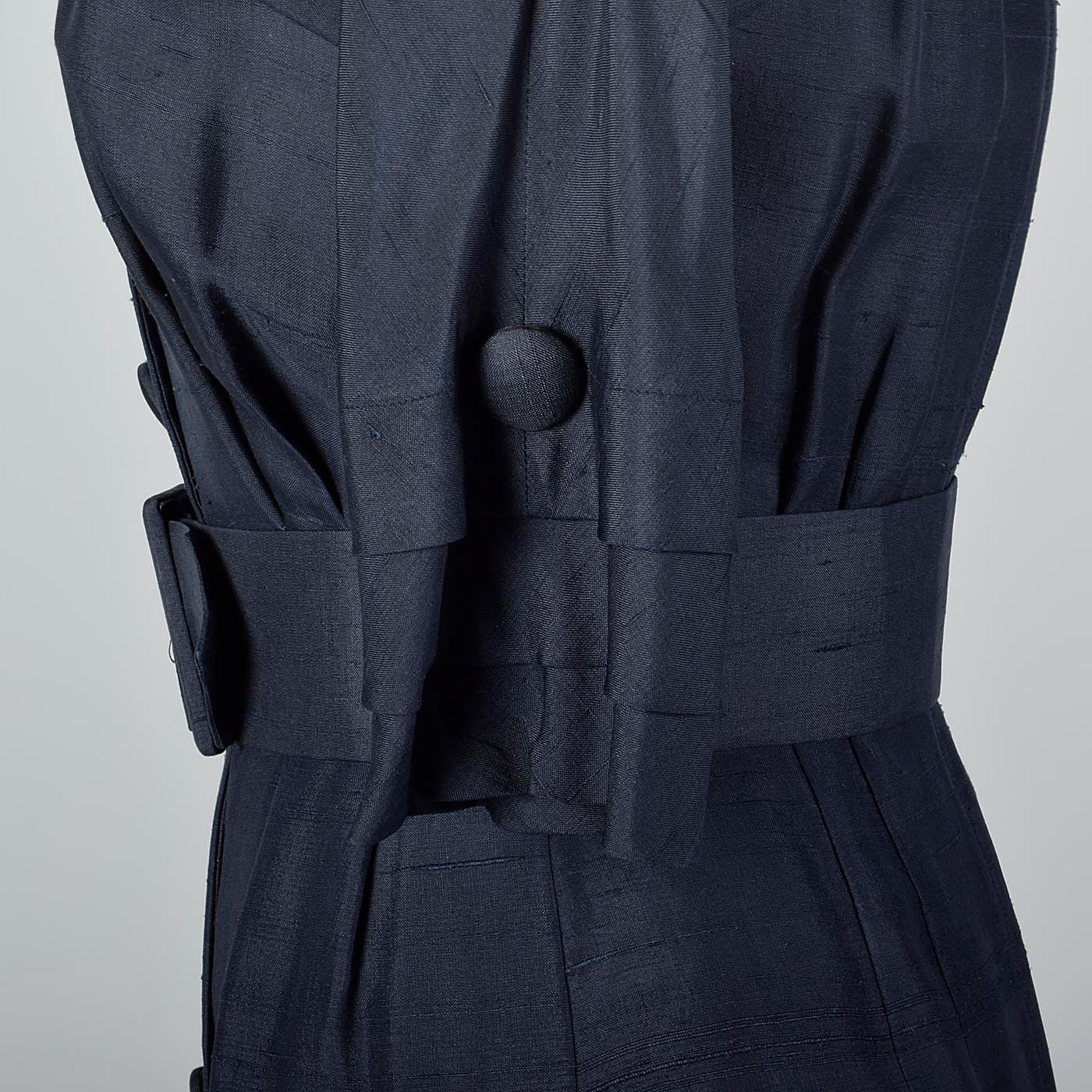 1950s Navy Silk Dress with Wide Belt and Decorative Buttons