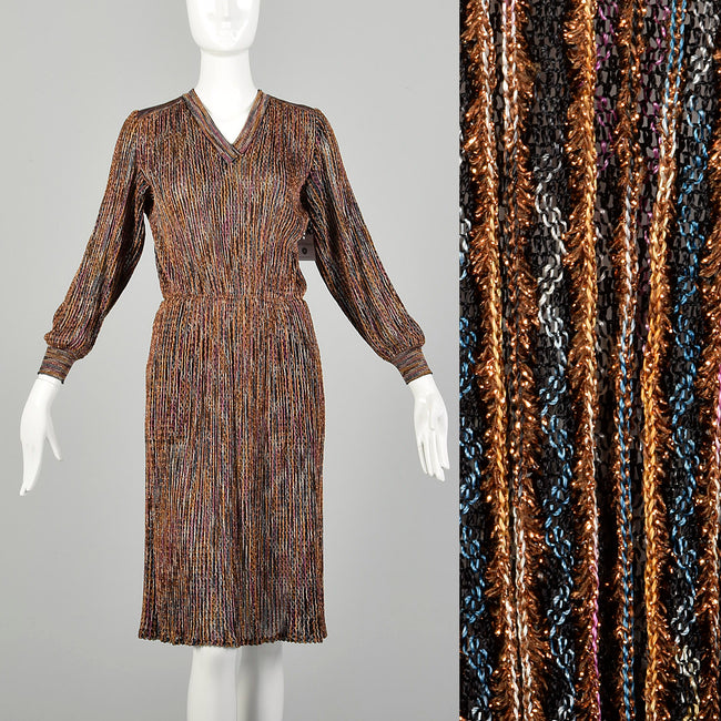Small 1980s Dress Missoni Metallic Knit Knee Length Long Sleeve Sweater Party