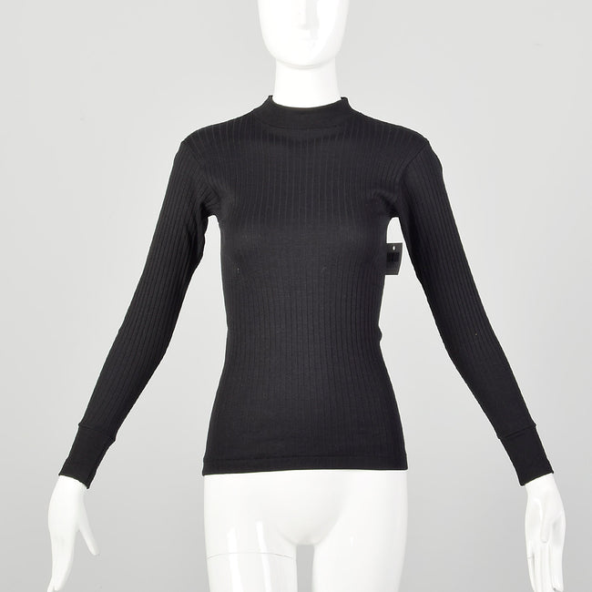 XXS 1960s Deadstock Black Ribbed Lightweight Long Sleeve Mock Turtleneck Shirt
