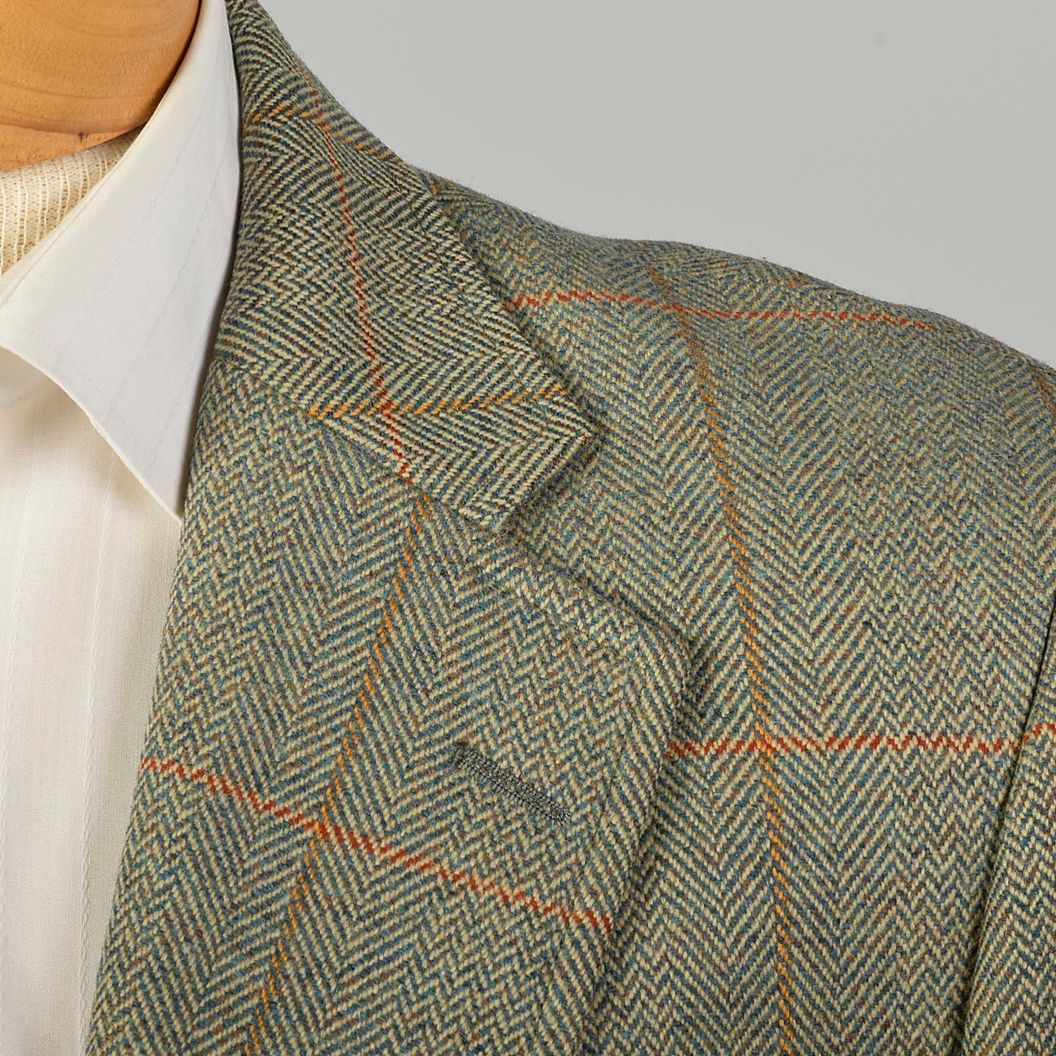 Large 1970s Green Copper Herringbone Plaid Blazer Two Button Front Single Vent Back Welt With Flap Pockets