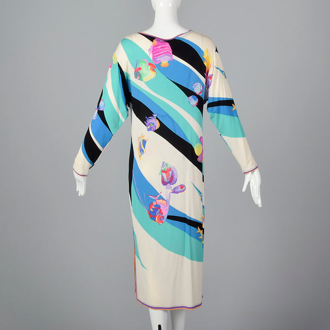 1980s Leonard Tie Bust Dress with Fish Print