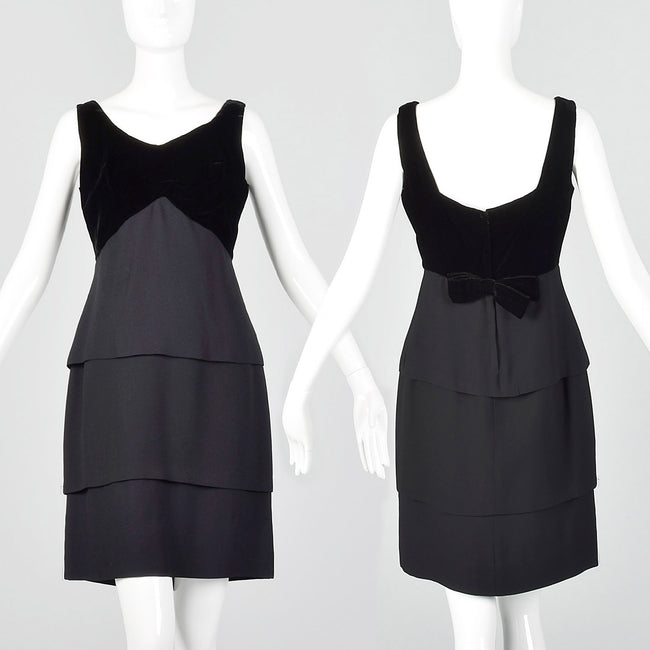 Small 1960s Black Velvet Tiered Skirt Cocktail Dress