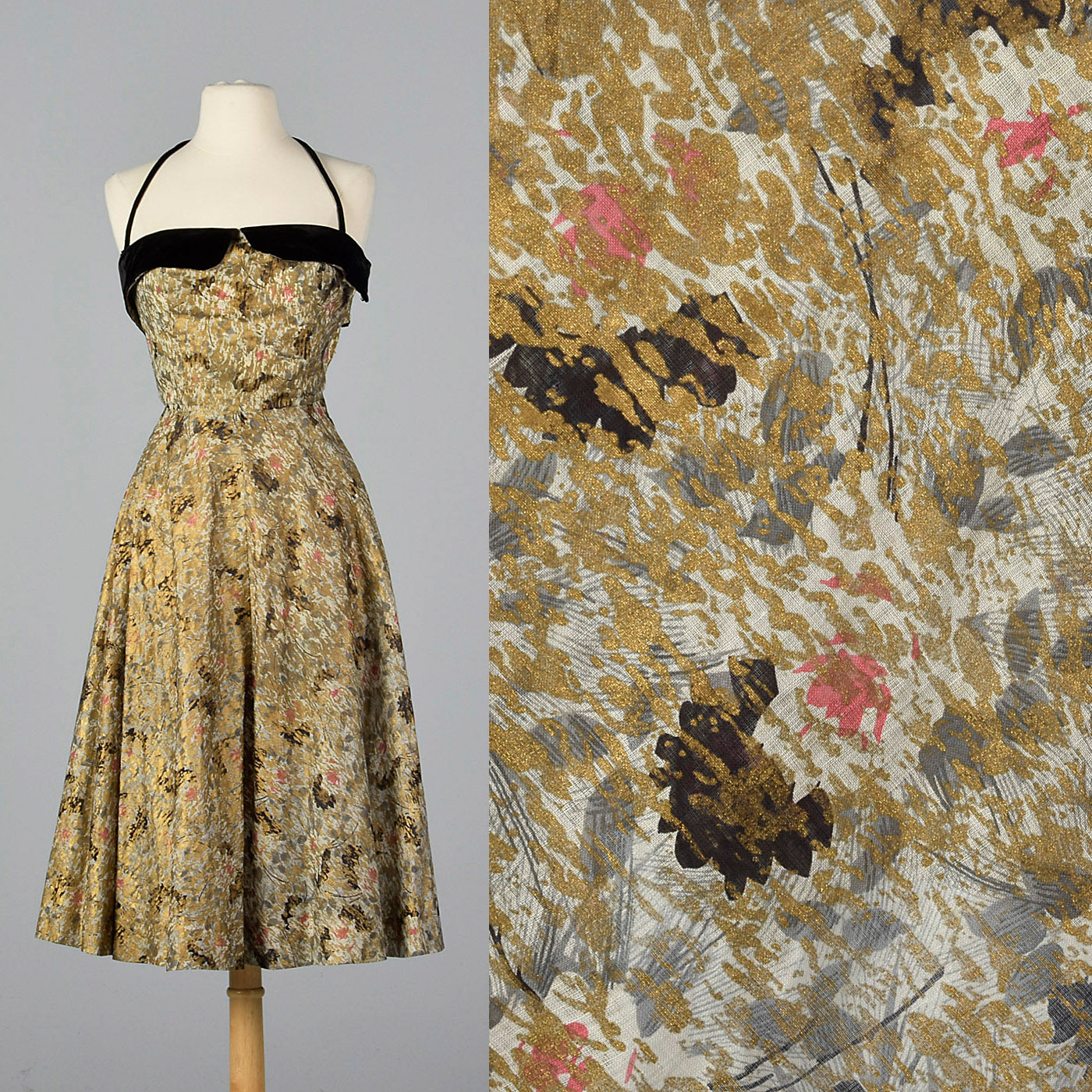 1940s Halter Dress with Abstract Gold Silkscreen Print Style & Salvage 1940s Halter Dress with Abstract Gold Silkscreen Print Style & Salvage