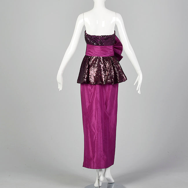 1980s Mignon Fuchsia Taffeta Dress with Sequined Bodice