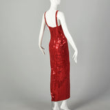 Medium 1990s Red Evening Dress Beaded Sleeveless Sequin Maxi