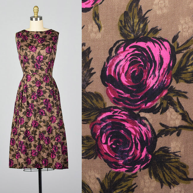 1950s Brown and Pink Rose Print Dress