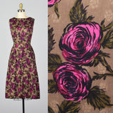 1950s Brown and Pink Rose Print Dress